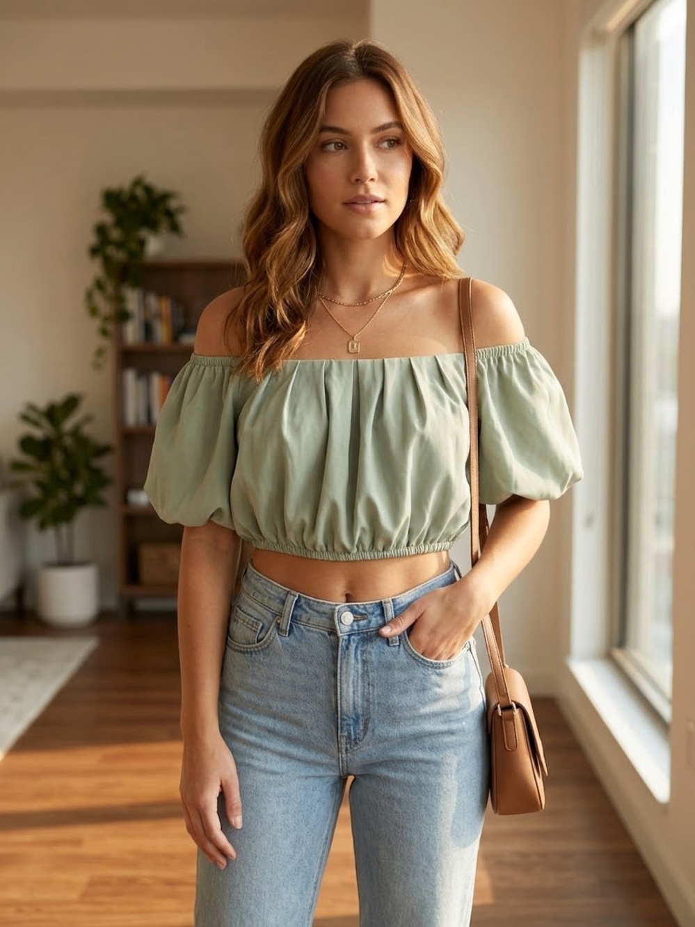 Off-Shoulder Sage Green Puff Sleeve Crop Top size L